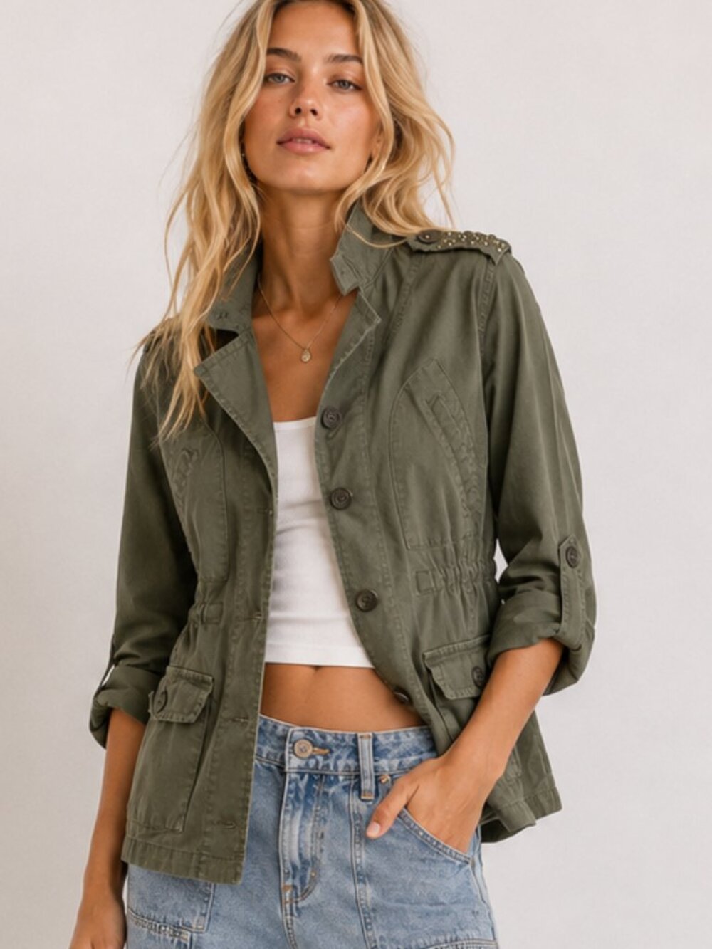 STYLE & CO Olive Green Military Utility Jacket Rhinestone Epaulettes Size SP EUC